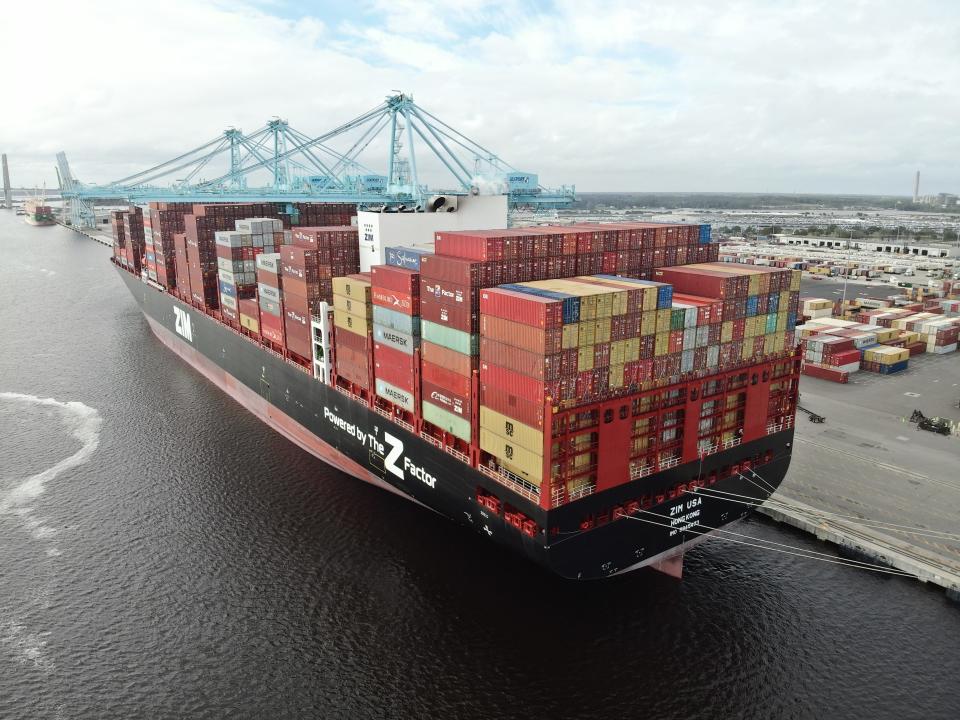 The ZIM USA cargo container ship is docked at the Blount Island terminal during one of its stops at the port of Jacksonville. The ship is part of a regular rotation of the biggest ships to call on Jacksonville.