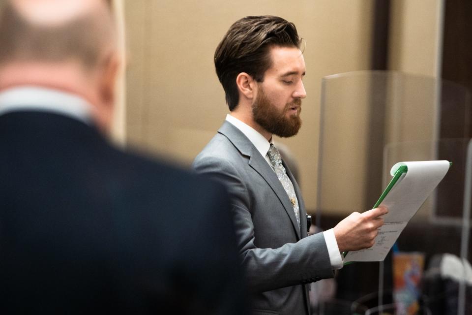 A prosecutor reads the charges brought against Mike Alfaro at the beginning of his trial in the 347th District Court at the Nueces County Courthouse on Wednesday, June 15, 2022. Alfaro was indicted for murder following the 2018 killing of Brenda King.