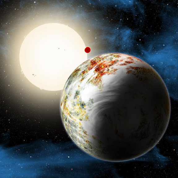 An artist's illustration of the mega-Earth planet Kepler-10c, the"Godzilla of Earths" planet that is 2.3 times the size of Earth and 17 times heavier. The planet and its lava-world sibling Kepler 10b (background) orbit the star Kepler-10 about