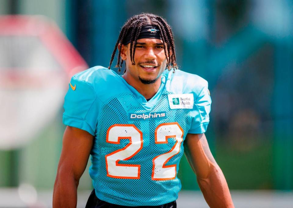 Miami Dolphins defensive back Elijah Campbell (22) looks on during NFL football training camp at Baptist Health Training Complex in Hard Rock Stadium on Tuesday, August 2, 2022 in Miami Gardens, Florida.