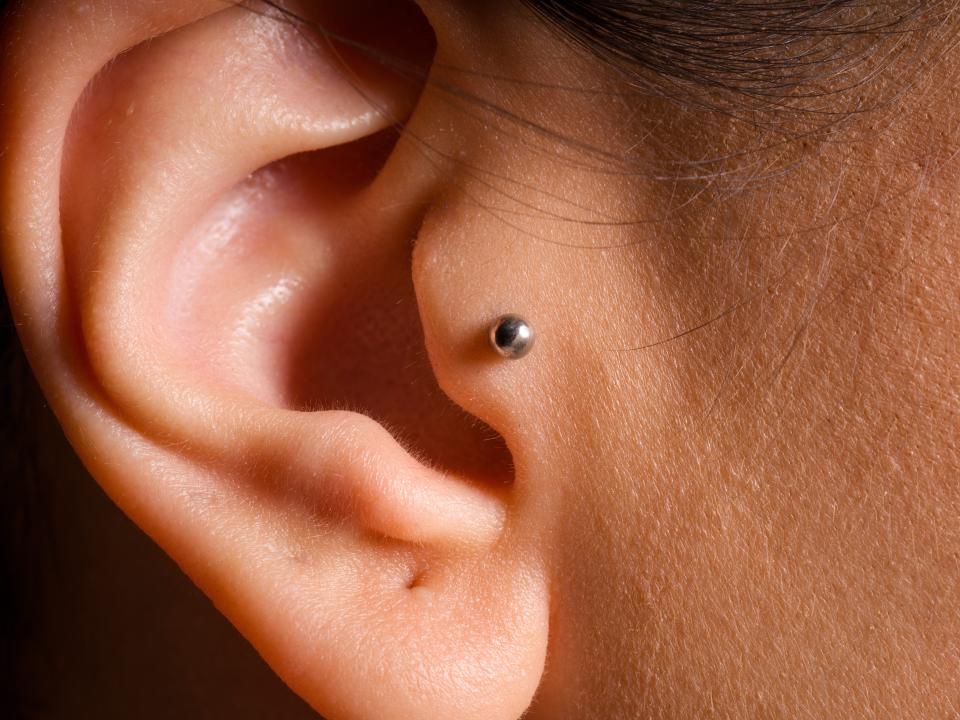 Small silver bead piercing in tragus in ear