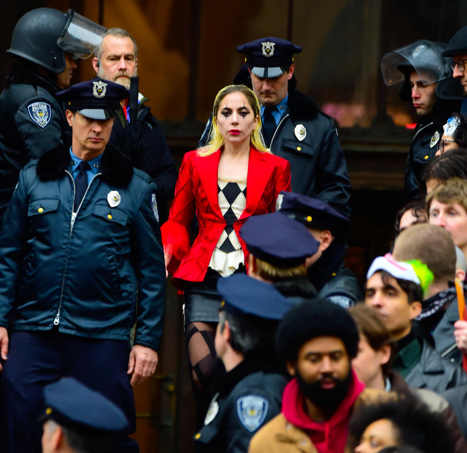 NEW YORK, NEW YORK - MARCH 25: Lady Gaga on location for the first day of filming 'Joker: Foie a Deux'   on March 25, 2023 in New York City. (Photo by Raymond Hall/GC Images)