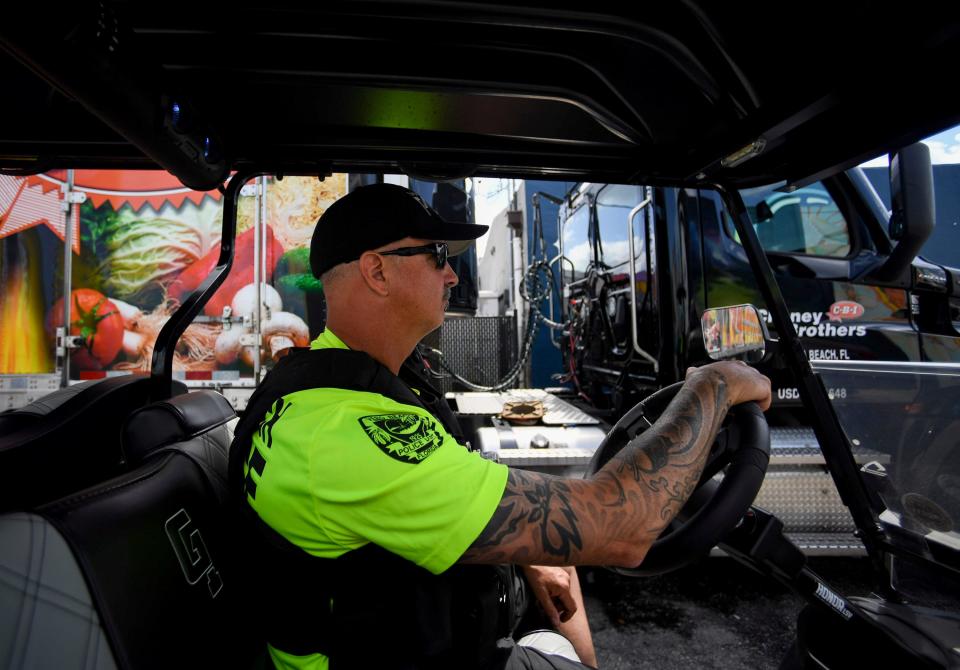 Officer Jeff Otis drives through the alley of Kilted Mermaid, March 13, 2024, in downtown Vero Beach. The officer is part of Vero Beach Police Department's newly created Community Partnership Unit. The visible city and police efforts were developed to target gatherings of homeless people in and around Pocahontas Park and to create relationships with business owners in the areas of downtown Vero Beach and beachside along the Ocean Drive area.