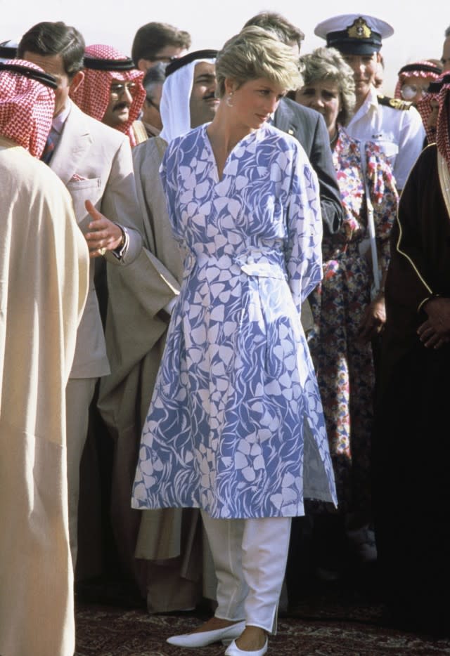 See how the royal's gorgeous blue and white dress has an unexpected resemblance to one of Princess Diana's timeless looks.
