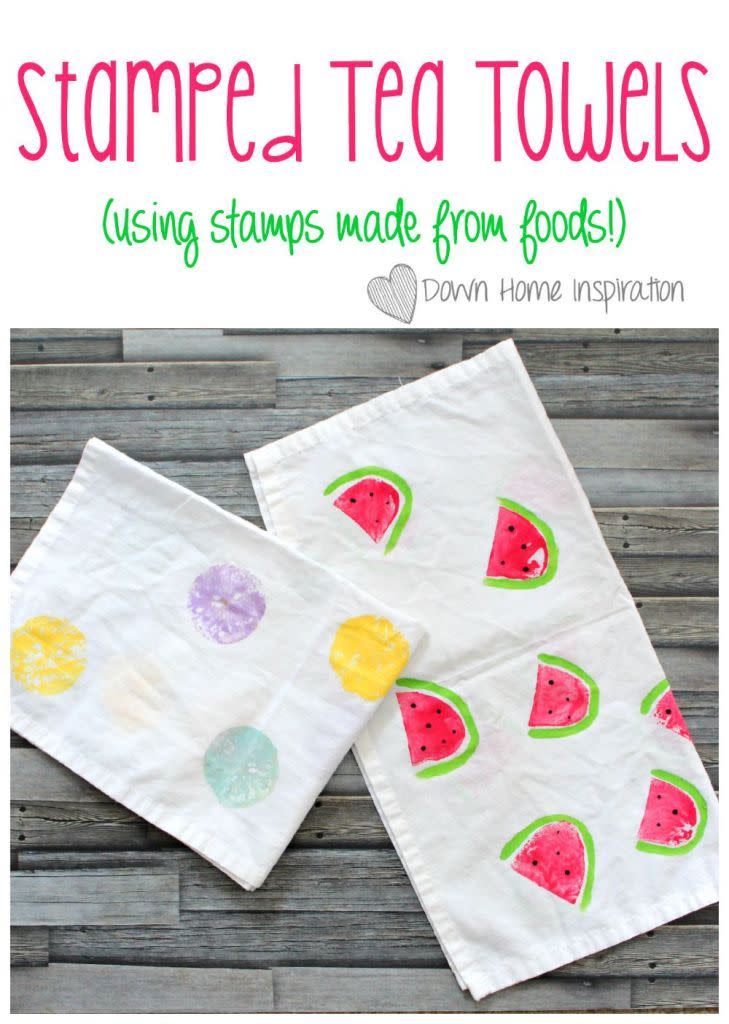 food stamped tea towel mothers day craft kids