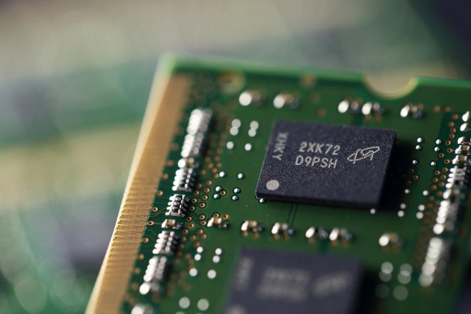 Micron Technology Inc. Double-Data-Rate Synchronous Random-Access Memory (SDRAM) chips. Photographer: Tomohiro Ohsumi/Bloomberg via Getty Images