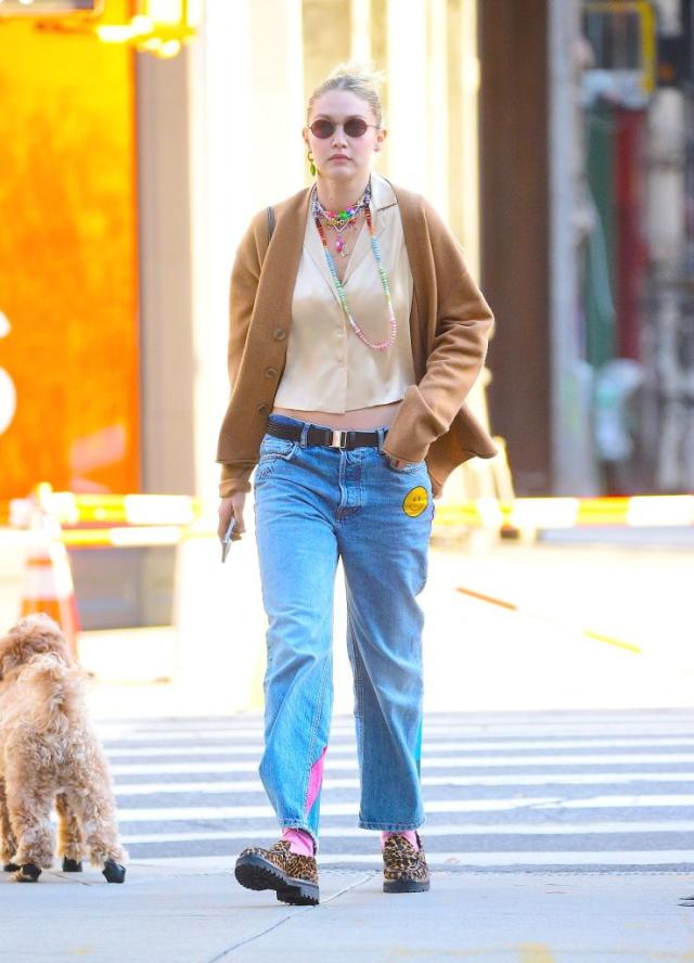 Gigi Hadid Wears a Cream-Colored Knit Top and Matching Trousers