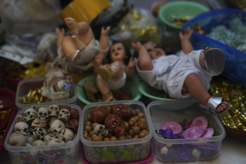 A store displays Baby Jesus figures for sale in Mexico City, Wednesday, Jan. 25, 2023. As Mexicans prepare to celebrate "Dia de la Candelaria" or Candlemas people buy Baby Jesus figures as part of the celebration. (AP Photo/Marco Ugarte)