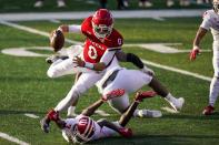 Rutgers quarterback Noah Vedral (0) is brought down by Indiana defensive back Tiawan Mullen (3) during the second quarter of an NCAA college football game Saturday, Oct. 31, 2020, in Piscataway, N.J. (AP Photo/Corey Sipkin)