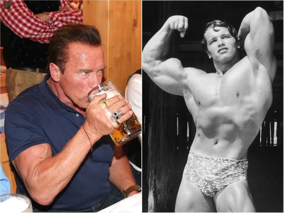 Schwarzenegger auf dem Oktoberfest im Jahr 2017 (links) und im Jahr 1966. - Copyright: Gisela Schober/Getty Images/Hulton Archive