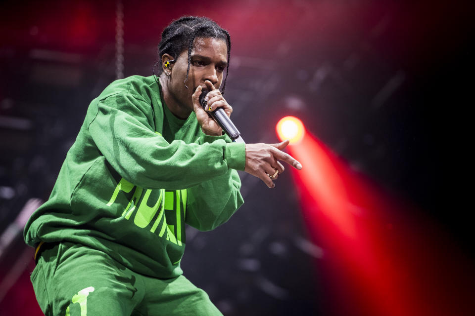 STOCKHOLM, SWEDEN - DECEMBER 11: A$AP Rocky performs live in concert at the Ericsson Globe Arena on December 11, 2019 in Stockholm, Sweden. The American rapper performs in Stockholm, where he was convicted of assault for a street brawl but received a conditional sentence, sparing him prison time last August. (Photo by Michael Campanella/Redferns)