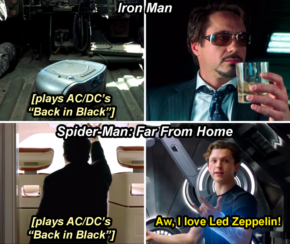 A boombox playing AC/DC's Back in Black in Iron Man and Happy turning on Back in Black in Spider-Man: Far From Home with Peter responding, "Aw, I love Led Zeppelin"