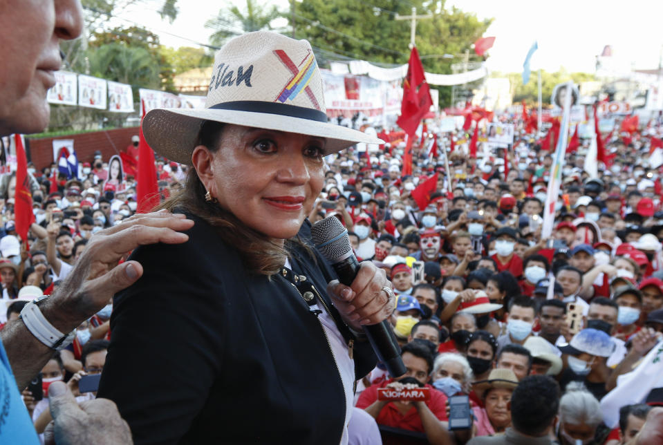 Free Party presidential candidate Xiomara Castro speaks to supporters during a closing campaign rally, in San Pedro Sula, Honduras, Saturday, Nov. 20, 2021. Honduras will hold its presidential election on Nov. 28. (AP Photo/Delmer Martinez)