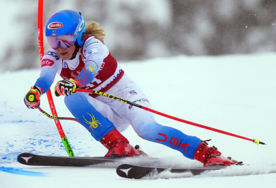 Mikaela Shiffrin, from the United States, skis down the course during the women's World Cup downhill ski race in Lake Louise, Alberta, on Saturday, Dec. 4, 2021. (Frank Gunn/The Canadian Press via AP)