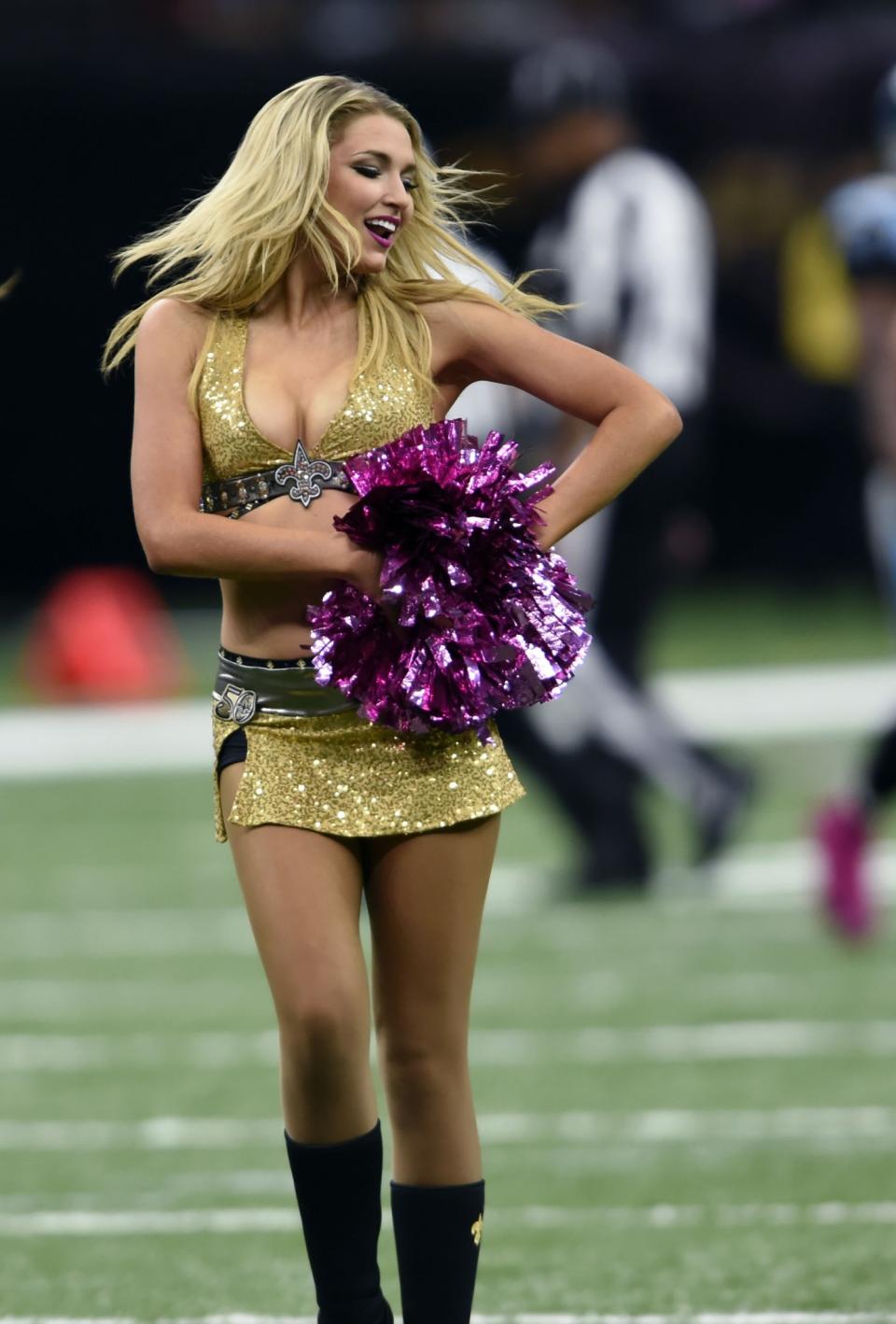 <p>New Orleans Saints cheerleaders perform during an NFL football game against the Carolina Panthers in New Orleans, Sunday, Oct. 16, 2016. The Saints won 41-38. (AP Photo/Bill Feig) </p>