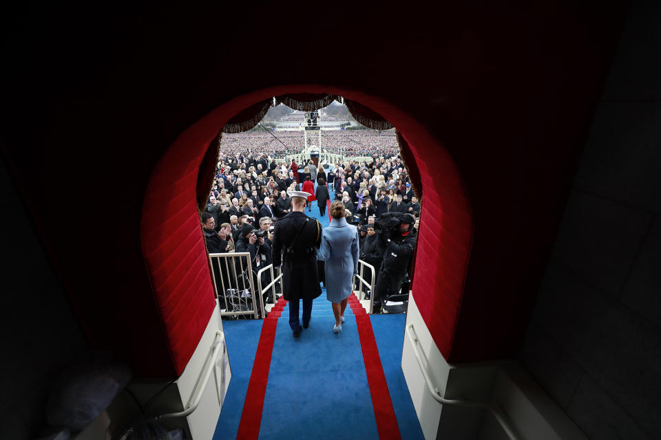 <p>Melania Trump arrives on Capitol Hill in Washington, Friday, Jan. 20, 2017, for the presidential inauguration of her husband, Donald Trump. (Doug Mills/Pool Photo via AP) </p>