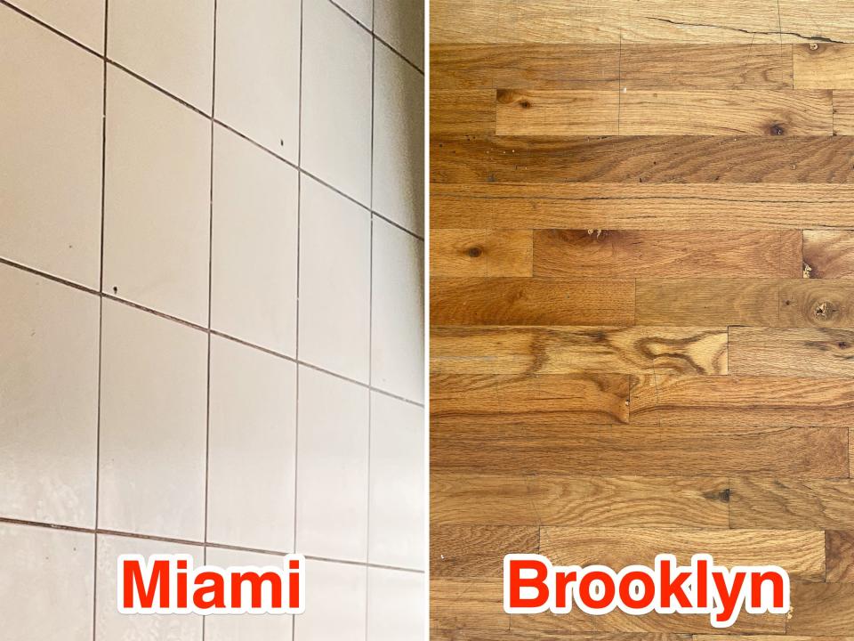 White tile in Miami is seen next to wood flooring in Brooklyn