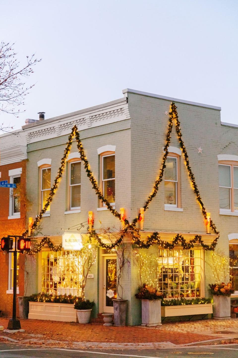 Shops decorated for Christmas on King Street in Alexandria, VA