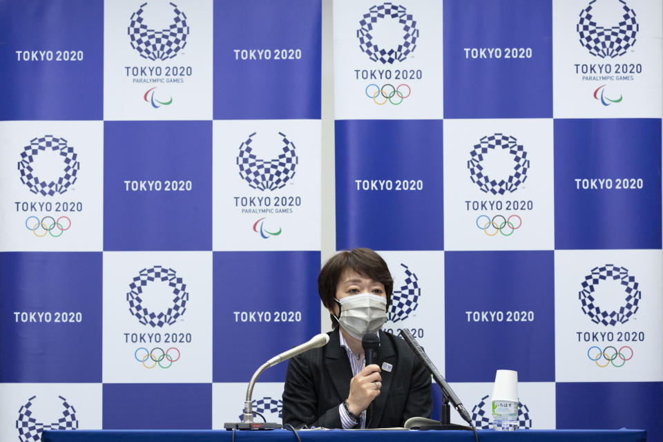 Tokyo 2020 Organizing Committee President Seiko Hashimoto speaks during a press conference Friday, June 11, 2021 in Tokyo, Japan. The question of allowing any fans into Tokyo Olympic venues is still being debated with a decision unlikely to be announced before the end of the month. (Yuichi Yamazaki/Pool Photo via AP)