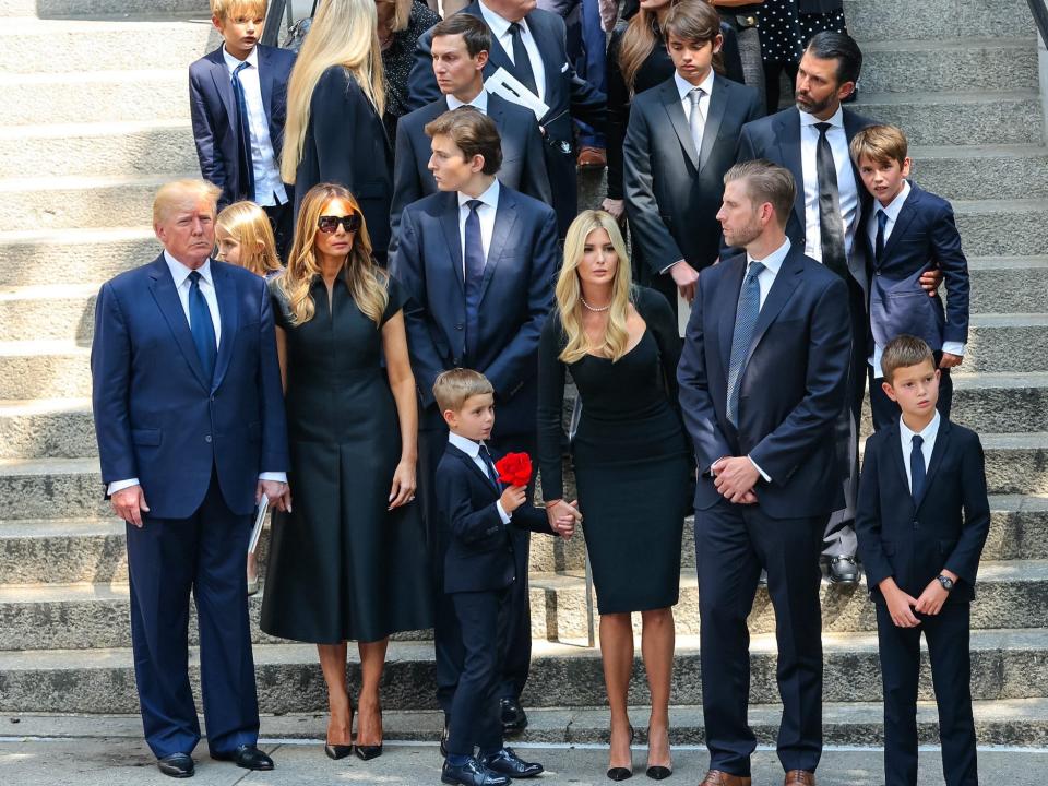 Donald Trump, Melania Trump, Barron Trump, Jared Kushner, Kimberly Guilfoyle, Ivanka Trump, Donald Trump Jr. and Eric Trump are seen at the funeral of Ivana Trump on July 20, 2022 in New York City.