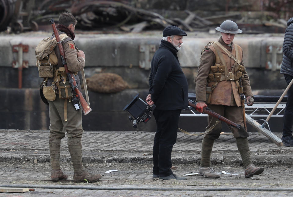 Director Sam Mendes and Actor  George Mackay(r)  on set of Sam Mendes new film 1917 during filming at Govan Docks in Glasgow.PRESS ASSOCIATION Photo. Picture date:Tuesday June 12, 2019. Photo credit should read: Andrew Milligan/PA Wire (Photo by Andrew Milligan/PA Images via Getty Images)