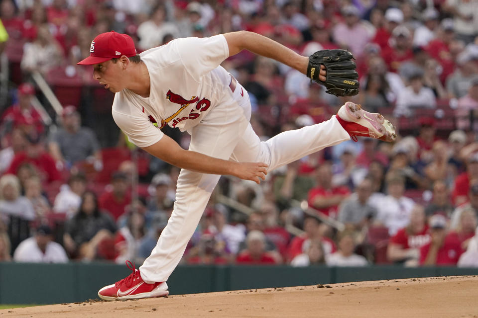 St. Louis Cardinals starting pitcher Andre Pallante throws during the first inning of a baseball game against the Cincinnati Reds Friday, July 15, 2022, in St. Louis. (AP Photo/Jeff Roberson)