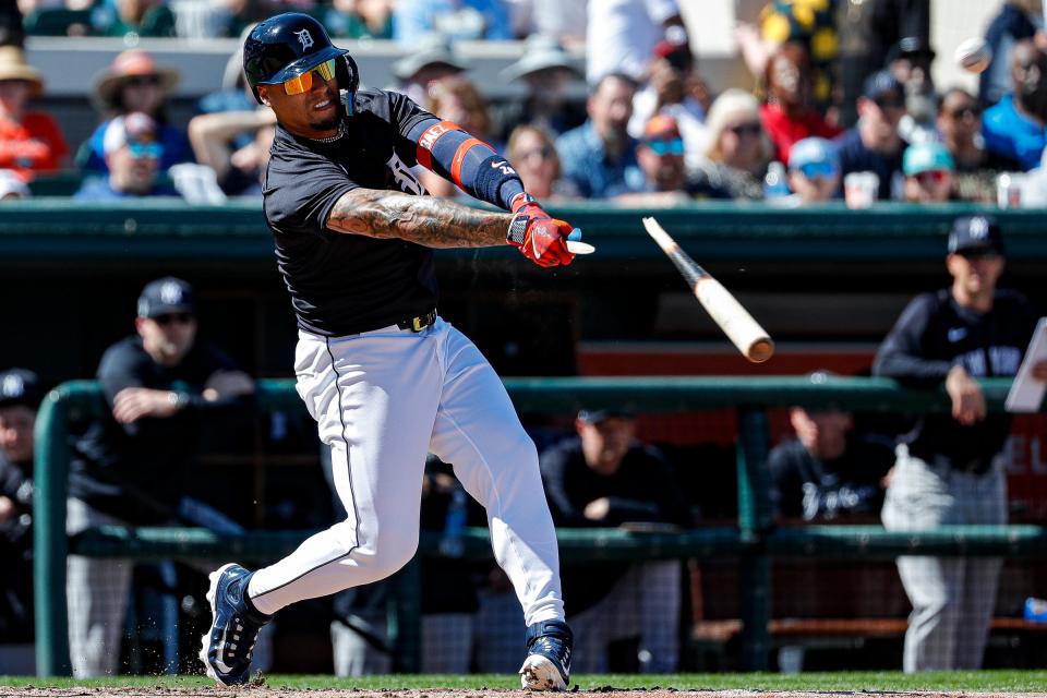 Tigers designated hitter Javier Báez bats against the Yankees during the second inning of the Grapefruit League season opener at Joker Marchant Stadium in Lakeland, Florida, on Saturday, Feb. 24, 2024.