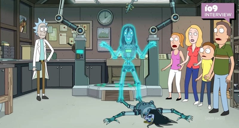 Rick and the Smith family surround a robotic ghost in Rick's lab