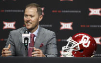 Oklahoma head coach Lincoln Riley speaks on the first day of Big 12 Conference NCAA college football media days Monday, July 15, 2019, at AT&T Stadium in Arlington, Texas. (AP Photo/David Kent)