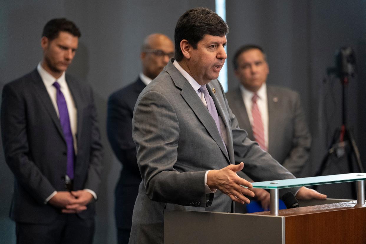 Director of the Bureau of Alcohol, Tobacco, Firearms and Explosives Steven M. Dettelbach speaks during a press conference Thursday at the Michael B. Coleman Government Center. Behind him are, from left: Columbus City Attorney Zach Klein, Columbus Director of Public Safety Robert W. Clark and Columbus Mayor Andrew J. Ginther.