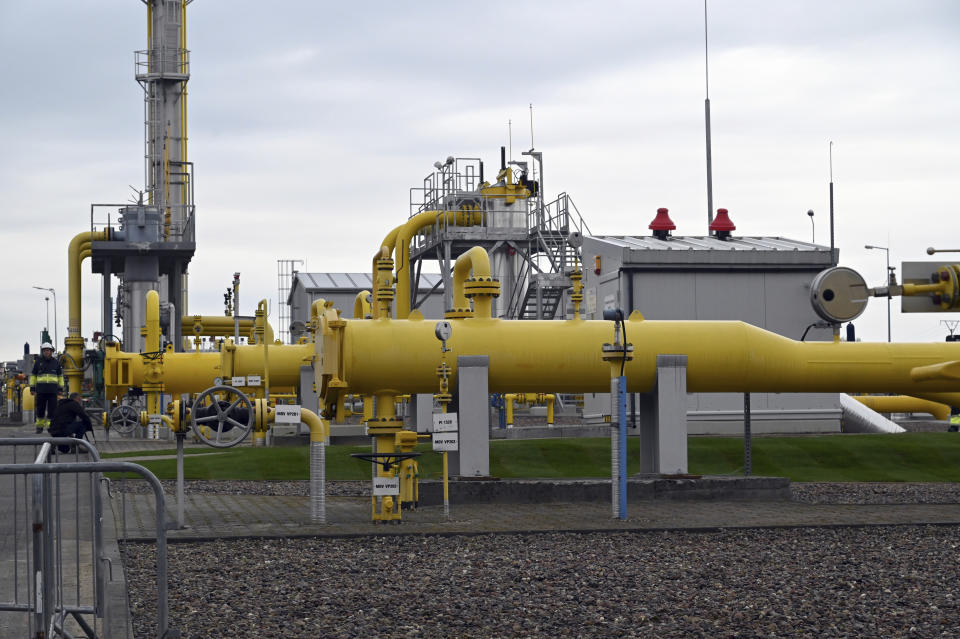 The pipelines during an opening ceremony of the Baltic Pipe in Budno, Poland, Tuesday, Sept. 27, 2022. The event marks the end of the process of the Baltic Pipe construction, a key route to carry gas from Norway through Denmark to Poland and neighboring countries. (AP Photo)