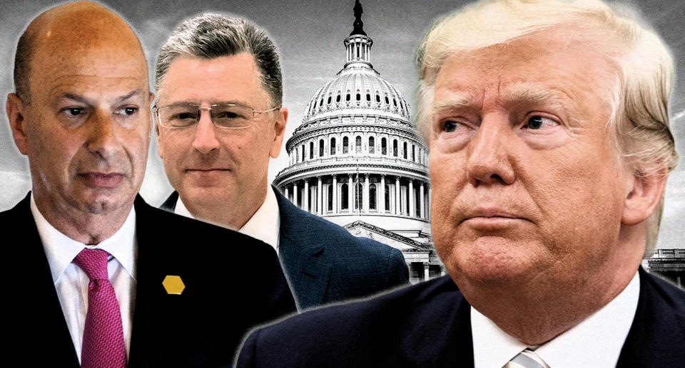 Gordon Sondland, Kurt Volker and President Trump. (Photo illustration: Yahoo News; photos: AP [3], J. Scott Applewhite/AP)