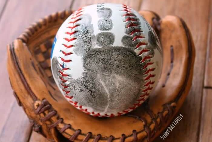 father's day crafts, baseball with a black handprint