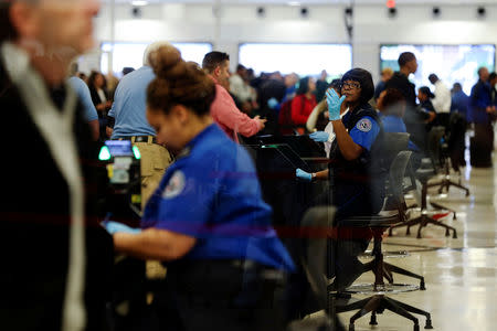 Transportation Security Administration (TSA) agents screen passengers at a security checkpoint at Hartsfield-Jackson Atlanta International Airport amid the partial federal government shutdown, in Atlanta, Georgia, U.S., January 18, 2019. Picture taken through a window. REUTERS/Elijah Nouvelage