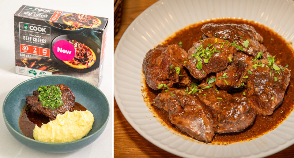 The beef cheeks in a packed and next to a plate of food (left) and the food from the Woolworths Table dinner (right).