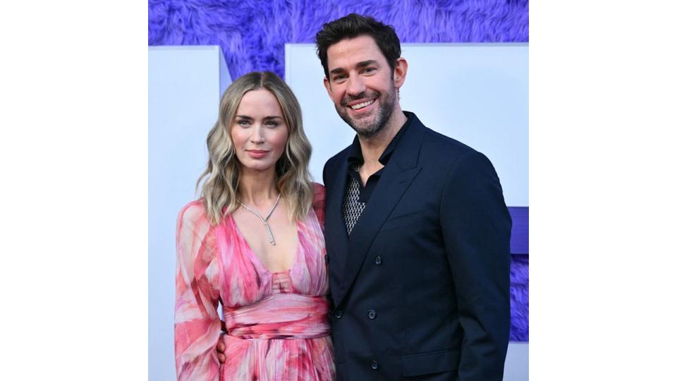 Emily Blunt with John Krasinski in a pink, flowy gown at the IF premiere 