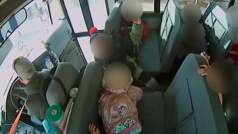Video, provided by the Douglas County (Colo.) School District, from of the March 1, 2023, in which Brian Fitzgerald, a substitute bus driver for Castle Rock Elementary School, is accused of hitting the brakes on the bus he was driving in an attempt to teach the children a lesson.