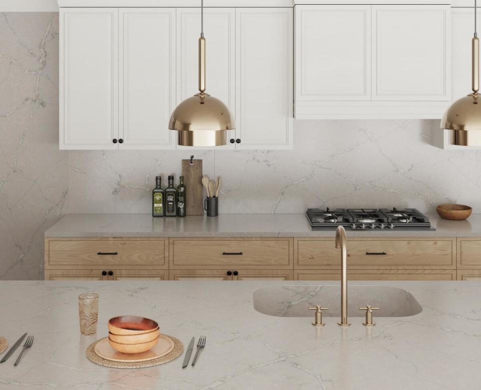 Seen here in a kitchen, Victorian Silver’s sophisticated veining would also be well-suited to a luxe dressing room