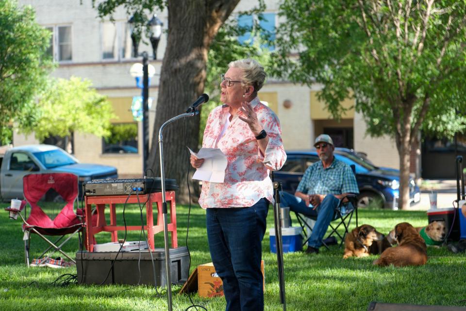 Claudia Stravato speaks Monday afternoon at a protest rally against the repeal of Roe v. Wade, marking the law's second anniversary, at the Potter County Courthouse in Amarillo.