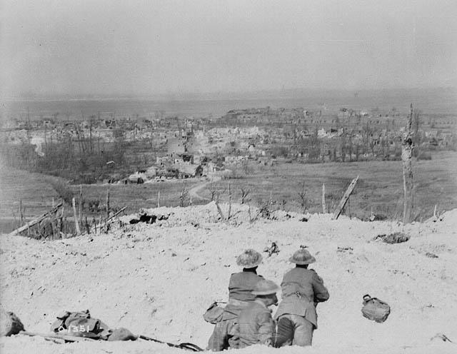 View over the crest of Vimy Ridge showing the village of Vimy , which was captured by Canadian troops