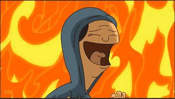 cartoon laughing menacingly with fire in the background