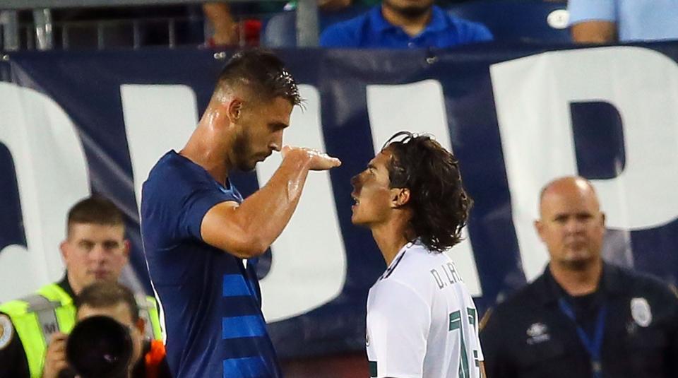 NASHVILLE, TN - SEPTEMBER 11:  Matt Miazga #3 of the USA squares up against Diego Lainez #18 of Mexico during the second half of a friendly match at Nissan Stadium on September 11, 2018 in Nashville, Tennessee.  (Photo by Frederick Breedon/Getty Images)