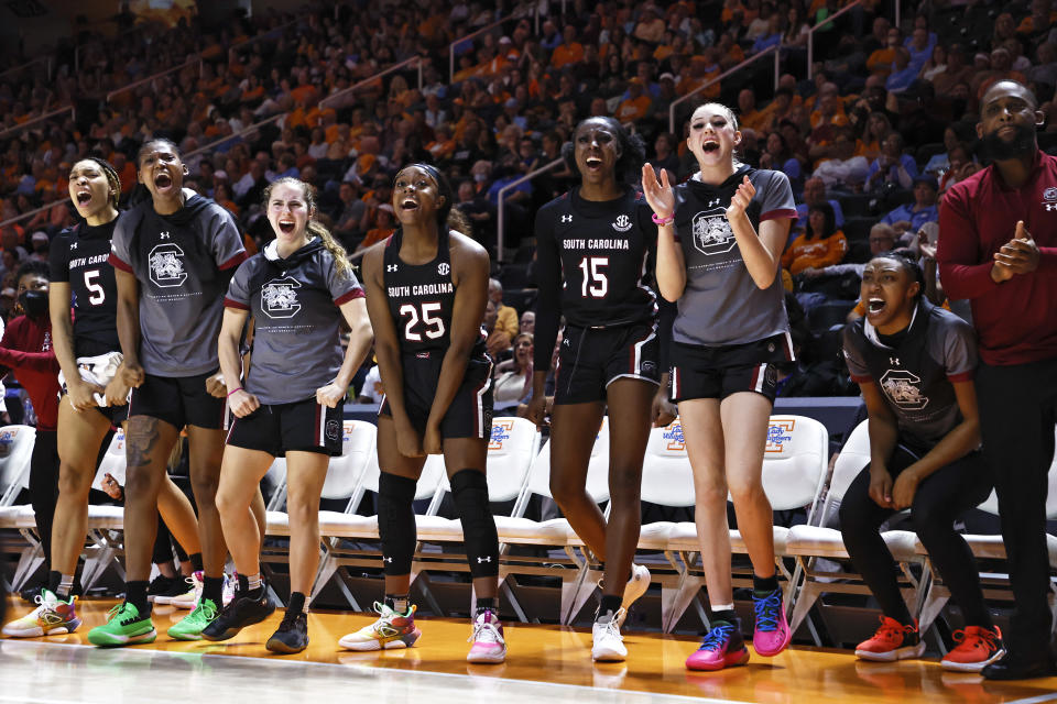 The South Carolina bench reacts after a play during the second half of an NCAA college basketball game against Tennessee, Thursday, Feb. 23, 2023, in Knoxville, Tenn. (AP Photo/Wade Payne)