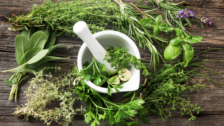various fresh herbs on wooden board