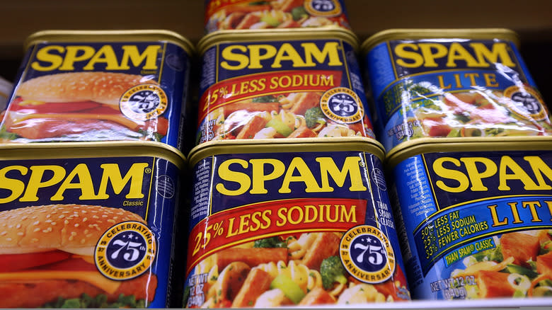 stacked Spam cans on shelf