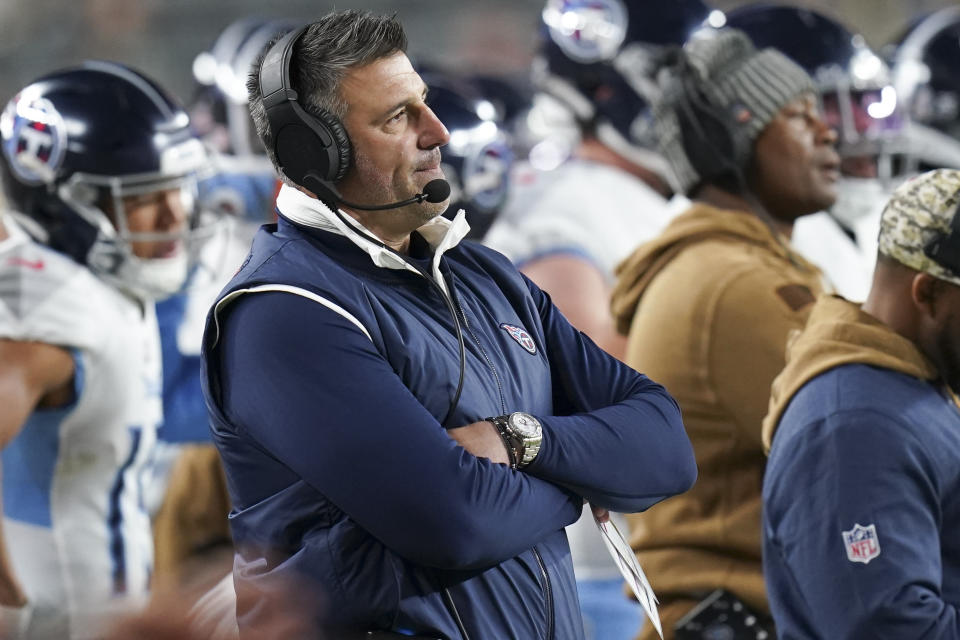 Tennessee Titans head coach Mike Vrabel looks onto the field during the first half of an NFL football game against the Pittsburgh Steelers, Thursday, Nov. 2, 2023, in Pittsburgh. (AP Photo/Matt Freed)