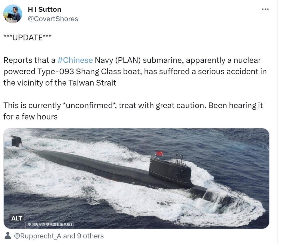 潛艦研究觀察家H I Sutton在其推特中貼文指稱「中共解放軍海軍093型「商級」核動力潛艦在臺海海峽周邊發生嚴重意外。翻攝推特