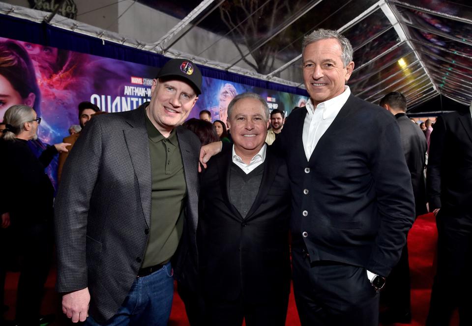 Producer and Marvel Studios President and Marvel CCO Kevin Feige, Disney Studios Content Chairman Alan Bergman, and The Walt Disney Company CEO Bob Iger attend the Ant-Man and The Wasp Quantumania world premiere at Regency Village Theatre in Westwood, California on February 06, 2023.
