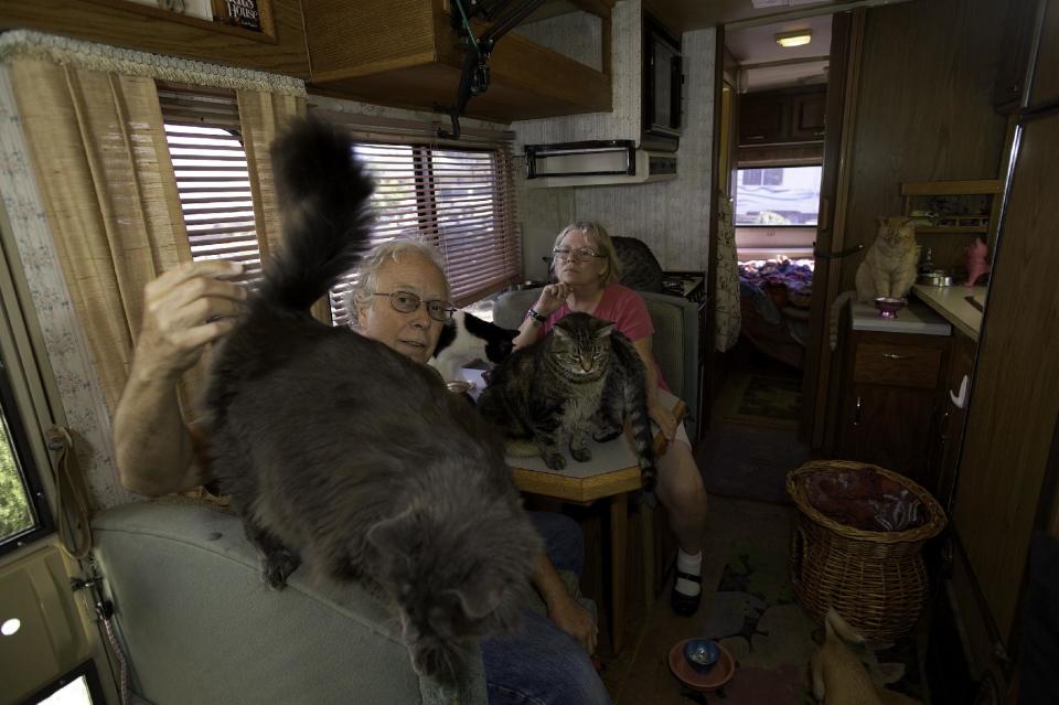 This undated photo released courtesy Bob Walker showing Bob Walker and Frances Mooney with their cats in the motorhome they are living living in San Diego Calif. Walker and Mooney along with eight cats are squeezed into a 30-foot motorhome with the family Chihuahua to wait for their first cross-country trip. Gus, Sam, Dave, Stella, Lili, Eddie, Zander, Willow and Sadie the Chihuahua are biding their time in the motorhome, which is parked in the driveway of the San Diego home. (AP Photo/Courtesy Bob Walker)