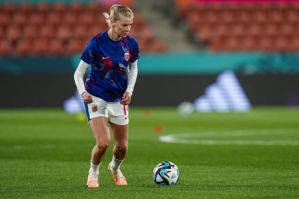 Norway's Ada Hegerberg plays the ball during a warm up session before the Women's World Cup Group A soccer match between Switzerland and Norway in Hamilton, New Zealand, Tuesday, July 25, 2023. (AP Photo/Abbie Parr)